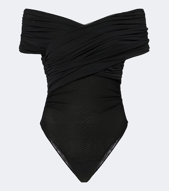 Off-shoulder ruched mesh bodysuit | SIR