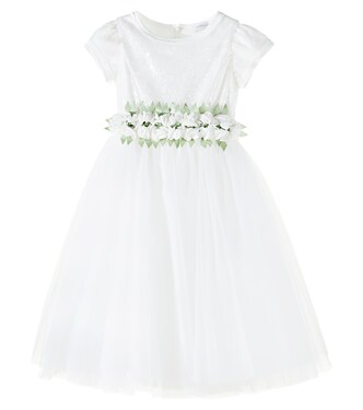 Sequined floral-appliqué tulle dress | Monnalisa