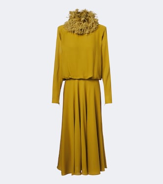 Feather-trimmed silk georgette midi dress | Valentino