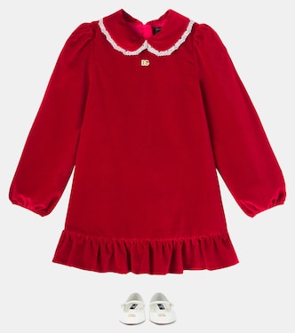 DG lace-trimmed cotton velvet dress in red - Dolce Gabbana Kids | Mytheresa
