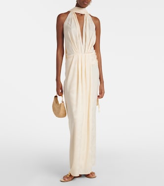 Scarf-detail jacquard maxi dress in beige - Johanna Ortiz | Mytheresa
