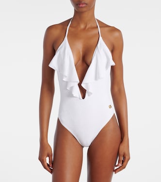 Costume Intero Da Bagno A Costine Bianco Con Scollo A Spalla E Ritagli – Donna, Taglia S