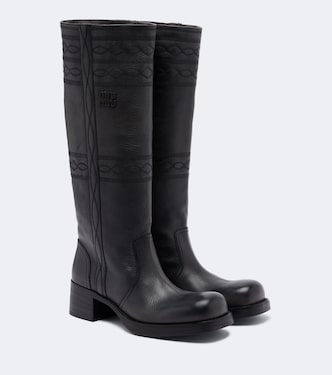 Embroidered leather knee-high boots | Miu Miu