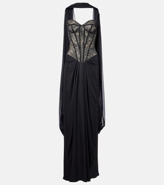 Scarf-detail draped lace gown | Monique Lhuillier