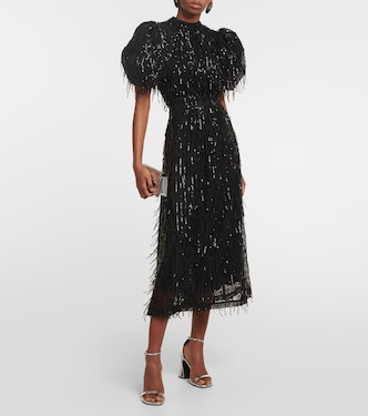 Rotate Birger Christensen Women's Sequin Puff-Sleeve Midi-Dress - Black - Size 14