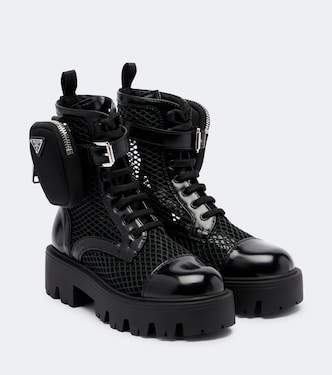 Leather-trimmed mesh combat boots | Prada