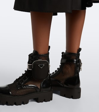 Leather-trimmed mesh combat boots in black - Prada | Mytheresa