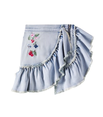 Distressed patch-appliqué ruffled denim skirt | Monnalisa
