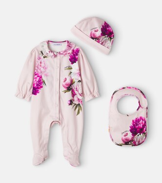 Baby floral cotton onesie, beanie, and bib set | Dolce&Gabbana Kids