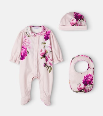 Baby floral cotton onesie, beanie, and bib set | Dolce&Gabbana Kids