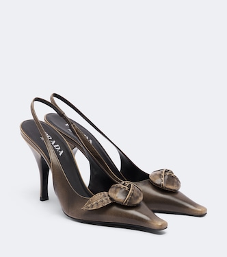 Floral-appliqué leather slingback pumps | Prada