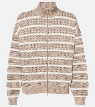 Sequined striped linen-blend cardigan | Brunello Cucinelli