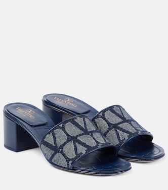 Toile Iconographe leather-trimmed denim slides | Valentino Garavani