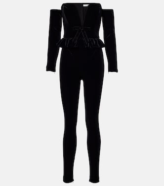 Bow-detail ruffled off-shoulder velvet jumpsuit | Alessandra Rich