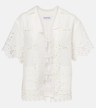 Embroidered cutout linen and cotton top | Self-Portrait