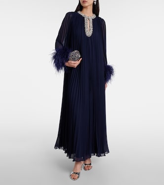 Embellished feather-trimmed chiffon maxi dress in blue - Self Portrait |  Mytheresa