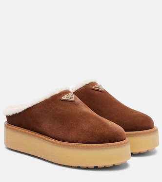 Evolve shearling-trimmed suede platform mules | Prada