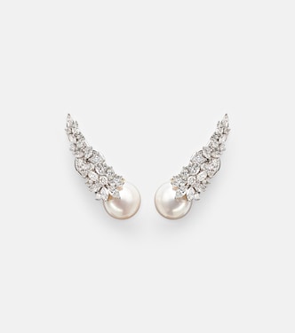 Pearlescent 18kt white gold (750/1000) earrings with diamonds and freshwater pearls | Yeprem
