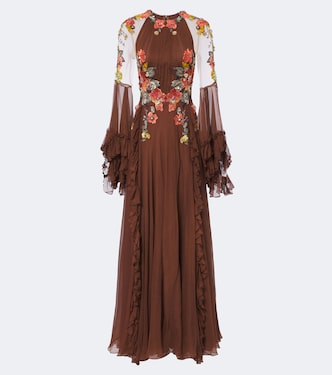 Embellished floral-appliqué silk gown | Costarellos