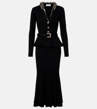 Belted embellished ribbed-knit midi dress | Self-Portrait