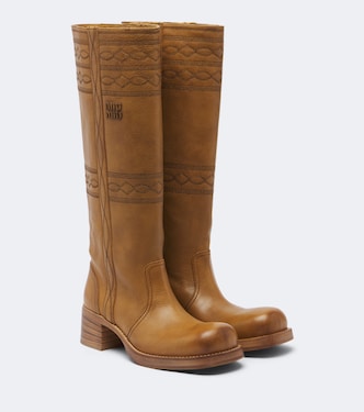 Embroidered leather knee-high boots | Miu Miu