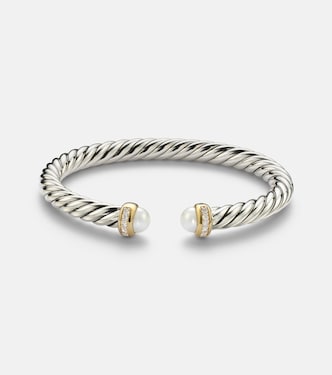 Cable Flex® sterling silver and 14kt gold cuff bracelet with diamonds and pearls | David Yurman