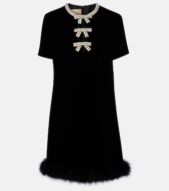 Embellished feather-trimmed velvet minidress | Valentino