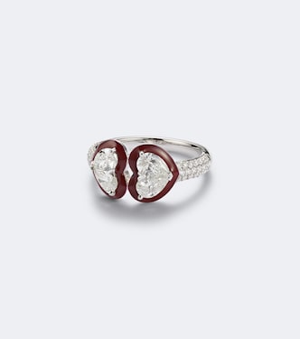 Twin Heart 18kt white gold and enamel ring with diamonds | Kamyen