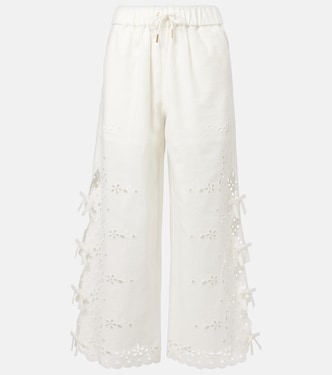Pantalon ample brodé en lin et coton | Self-Portrait