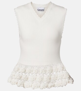 Crochet-trimmed ribbed cotton-blend top | Ganni
