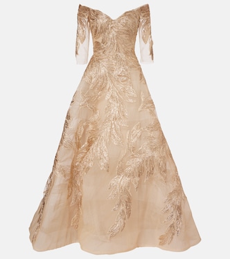 Robe longue brodée en tulle à encolure bardot  | Monique Lhuillier