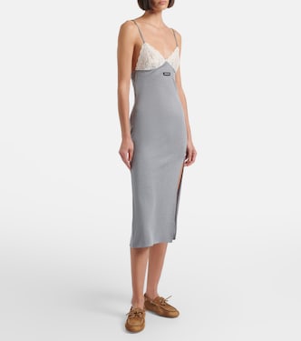 Lace-trimmed silk jersey midi dress in grey - Miu Miu | Mytheresa