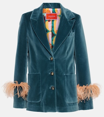 Feather-trimmed cotton velvet blazer | La DoubleJ