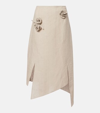 Floral-appliqué asymmetric linen midi skirt | Coperni