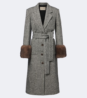 Herrinbone shearling-trimmed wool-blend coat | Valentino