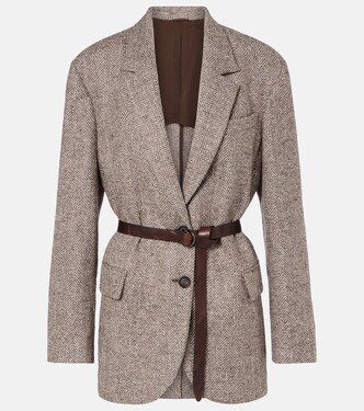 Belted herringbone wool-blend blazer | Brunello Cucinelli