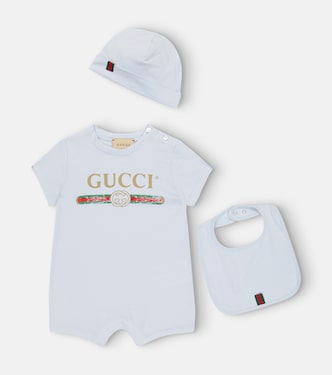 Baby cotton bodysuit, bib and hat set | Gucci Kids