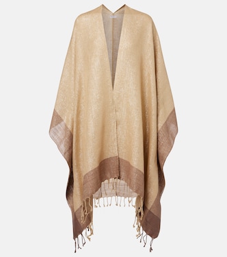 Fringed linen-blend lamé poncho | Brunello Cucinelli