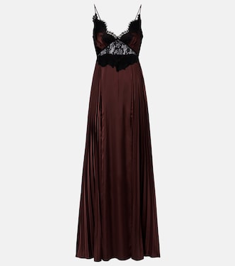 Lace-trimmed pleated satin maxi dress | Self-Portrait
