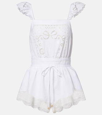 Embroidered linen and cotton organza romper | Self-Portrait
