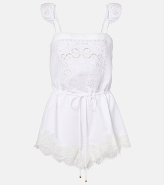 Embroidered linen and cotton organza romper | Self-Portrait