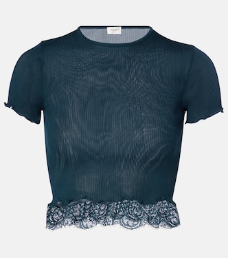 Lace-trimmed cropped silk T-shirt | Saint Laurent