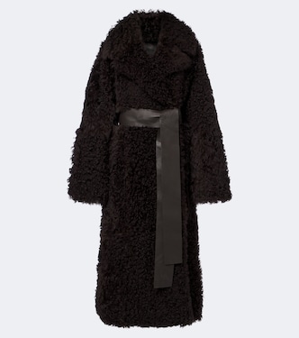 Magnus leather-trimmed shearling wrap coat | Joseph