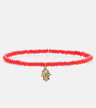 Baby Hamsa Rainbow bamboo coral and 14kt gold beaded bracelet with sapphires | Sydney Evan