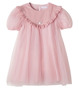 Corduroy-trimmed ruffled tulle dress | Monnalisa