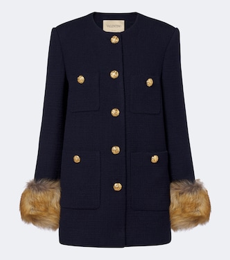 Shearling-trimmed wool-blend tweed jacket | Valentino