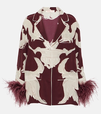Printed feather-trimmed silk crêpe de chine blouse | Valentino