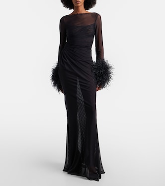 gucci bridesmaid dresses Layered lace and feather-trimmed crepe de chine maxi dress - black