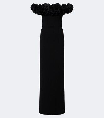 Odetta floral-appliqué off-shoulder crêpe gown | Rebecca Vallance
