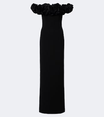 Odetta floral-appliqué off-shoulder crêpe gown | Rebecca Vallance